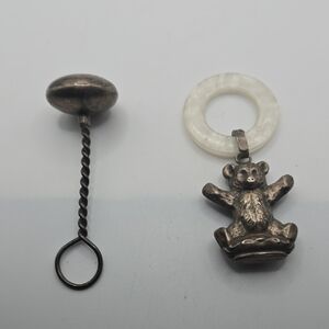 Sterling Silver Webster 1920's Bear Pendant with Ring and Sterling Baby Rattle